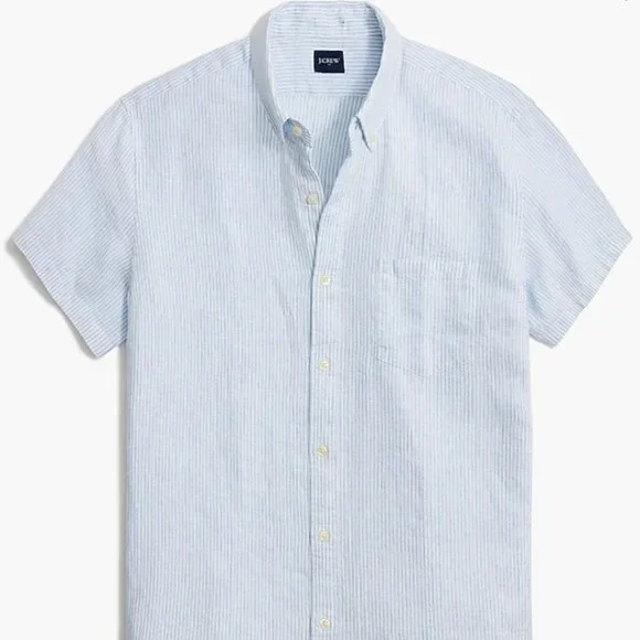 NWT Factory Mens Short Sleeve Slim Linen Seersucker Button Down Shirt
